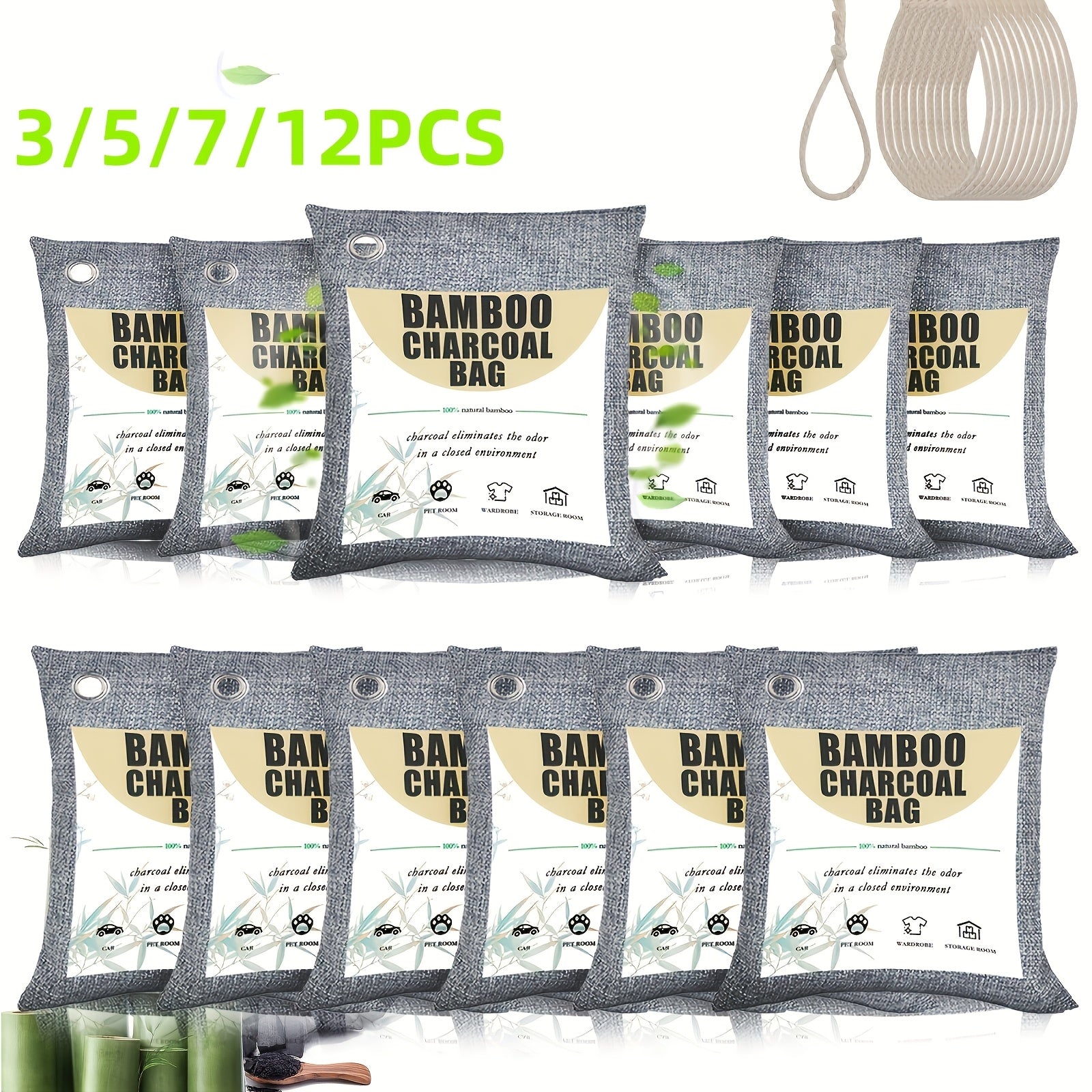 3/5/7/12 unidades de Bolsas de Carbón de Bambú para Eliminar Olores - Perfectas para Zapatos, Armarios, Coches, Baños, Despensas - Sin Necesidad de Electricidad