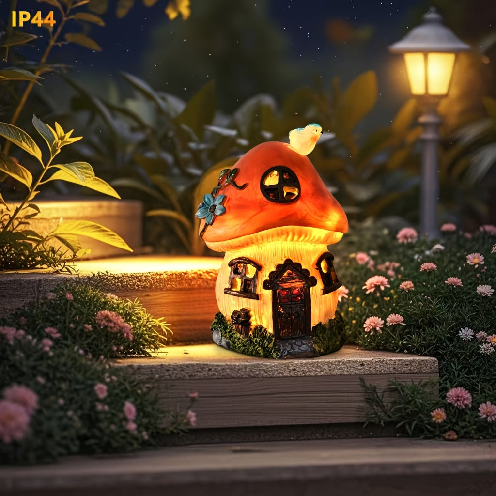 Encantadora Estatua de Casa de Hongo con Energía Solar y Luz Amarilla Cálida - Decoración Exterior Temática de Cuento de Hadas, Hecha en Resina con Diseño Detallado, Perfecta para Pascua, Acción de Gracias, Halloween & Regalos Navideños, IP44 Alta Calida