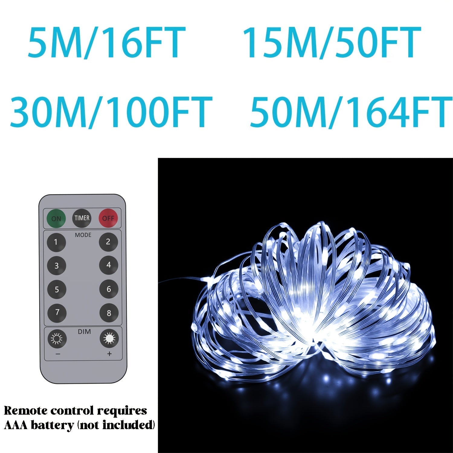 Luces de cadena de vacaciones impermeables blancas de 15.24/30.48/49.99 metros, alimentadas por USB con control remoto, velocidad de parpadeo ajustable, luces de Navidad impermeables IP67, adecuadas para Navidad, Día de San Valentín, decoración de ambien