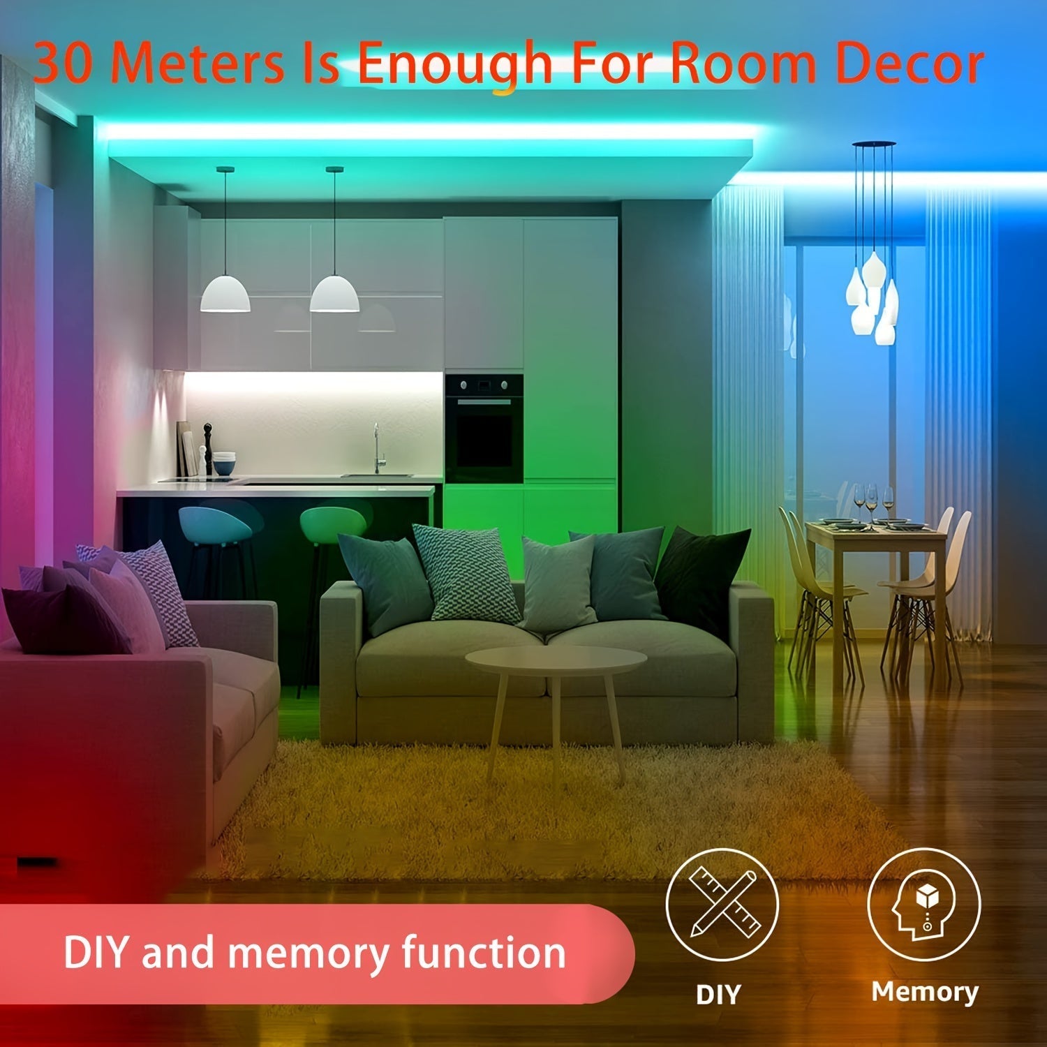 Decoración inteligente de habitaciones con luz LED sincronizada con música, tira de luces RGB fácil de instalar, temporizador y ritmo sincronizado, para dormitorio, sala de estar, hogar, Halloween y decoración de bodas