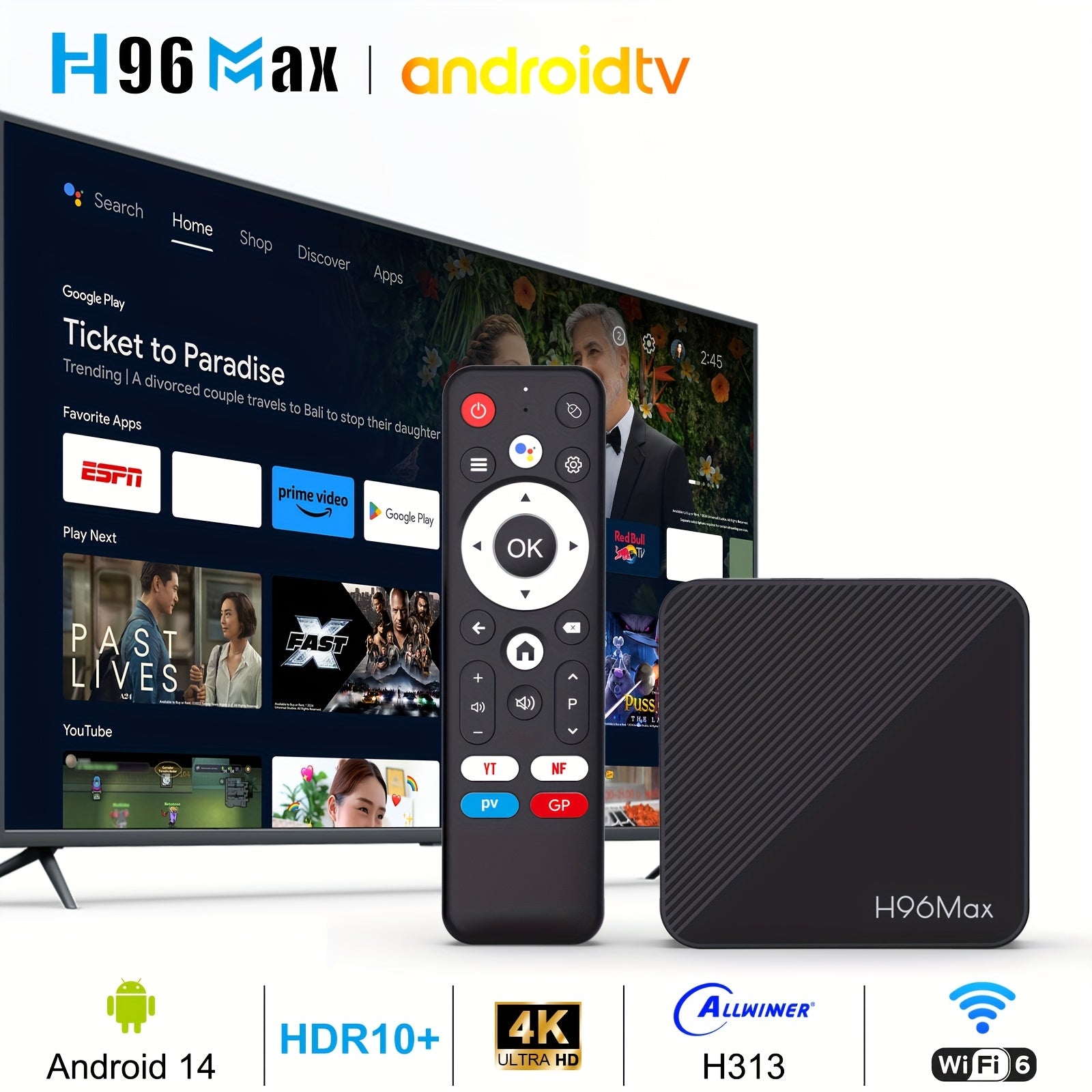Huawei H96 MAX H313 Smart TV Box Android 14 Reproductor Multimedia con 4K@60fps, LAN de 100m, WiFi6, BT5.0, Asistente de Google,