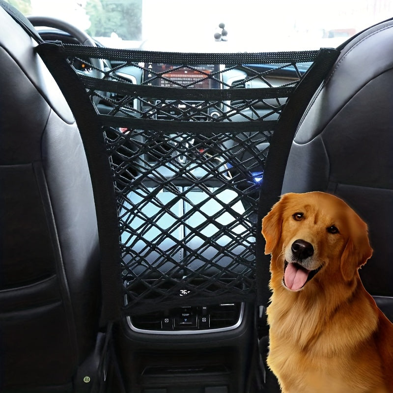 Bolsillo de red universal para automóvil entre asientos, organizador de malla para automóvil de 3 capas, bolsa de red de malla elástica para respaldo de asiento de automóvil para ordenar la barrera de red para perros en el asiento trasero
