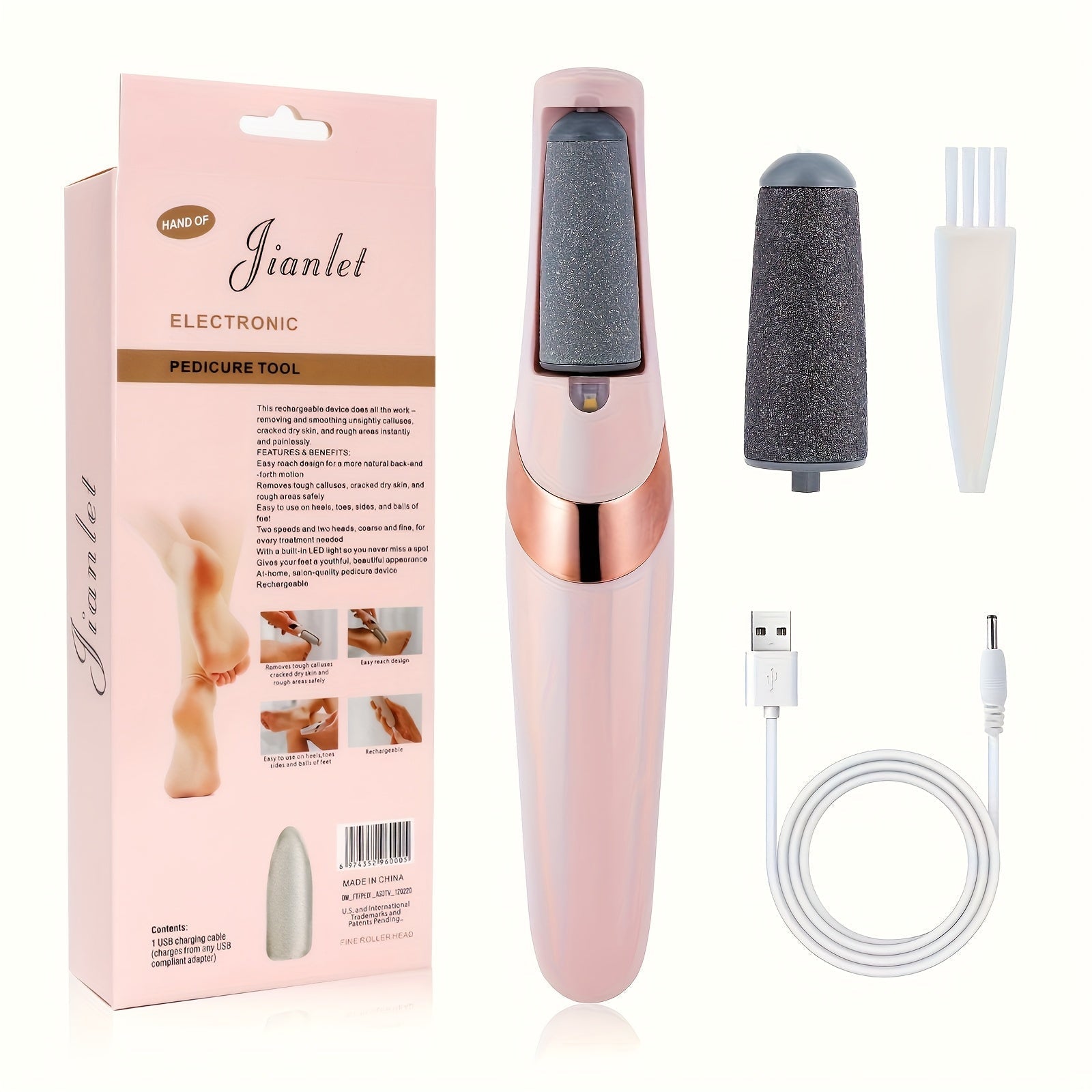 Limpiador Eléctrico de Pies Recargable por USB con 2 Velocidades y Luces LED, Herramientas Profesionales para el Cuidado del Pie en Color Claro Beige para Talones Agrietados y Piel Muerta