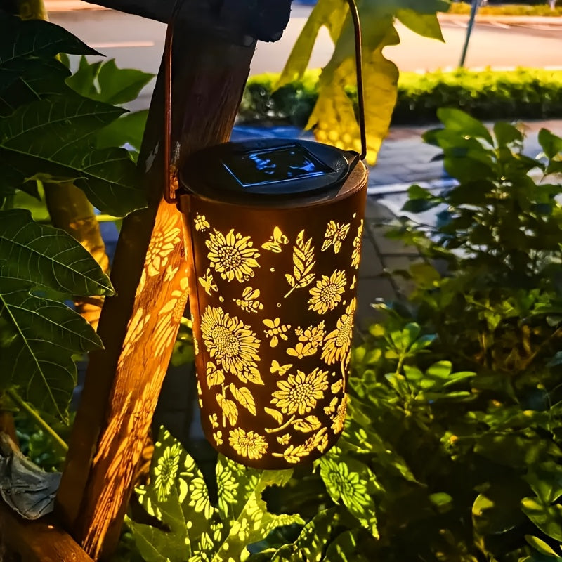 Iluminación ambiental decorativa para jardín con arte de hierro alimentado por energía solar y proyección de girasoles - Lámpara solar exterior de montaje semienterrado, luz cálida amarilla, carga de batería solar, decoraciones solares, decoración solar,