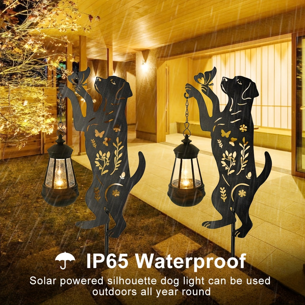 1 pieza de figura de perro solar y luz de jardín de mariposas - Iluminación decorativa exterior de hierro resistente a la herrumbre con sombra de acrílico, montaje semienterrado para patio, césped, caminos - Paneles solares de alta calidad para todas las