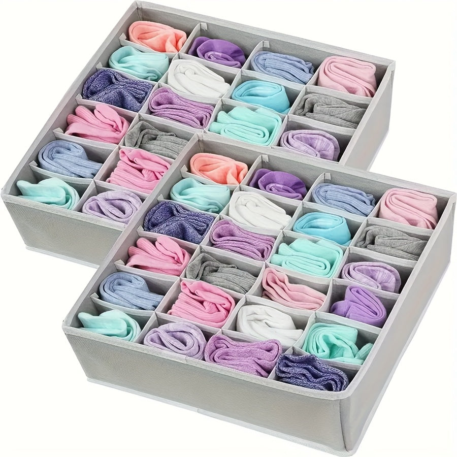 2 cajas de almacenamiento de tela gris con 24 compartimentos - Organizador plegable y apilable para calcetines, corbatas y ropa interior - Divisor de cajón ahorrador de espacio para organización del hogar, organizadores de clóset y almacenamiento