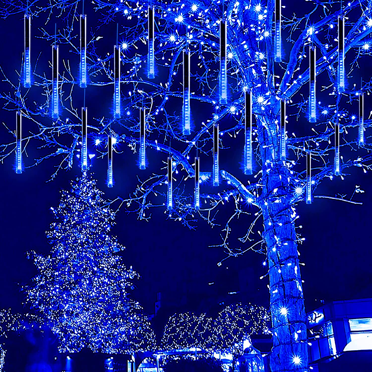Luces navideñas con 192 LED en forma de lluvia de meteoros - 30.48 cm, para exteriores, efecto cascada multicolor, ideal para árboles, bodas y decoración navideña, enchufe UL, sin control remoto