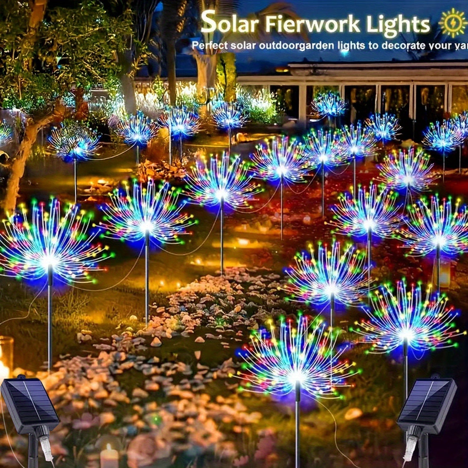 6/4/1pc Luces Solares AIPUSI de Fuegos Artificiales para Exteriores - IP65 Impermeables con 8 Modos de Iluminación, Temporizador Automático, Panel Solar - Para Césped, Caminos, Bodas, Halloween, Navidad - Luz Multicolor o Blanca Cálida, Iluminación Vibra