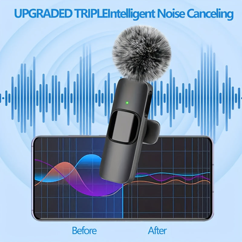 Micrófono inalámbrico Lavaliere, adecuado para transmisiones en vivo y videoblog, conectividad USB-C, batería recargable, diseño compacto con cubierta de espuma negra, fácil de usar plug-and-play, micrófono inalámbrico recargable.