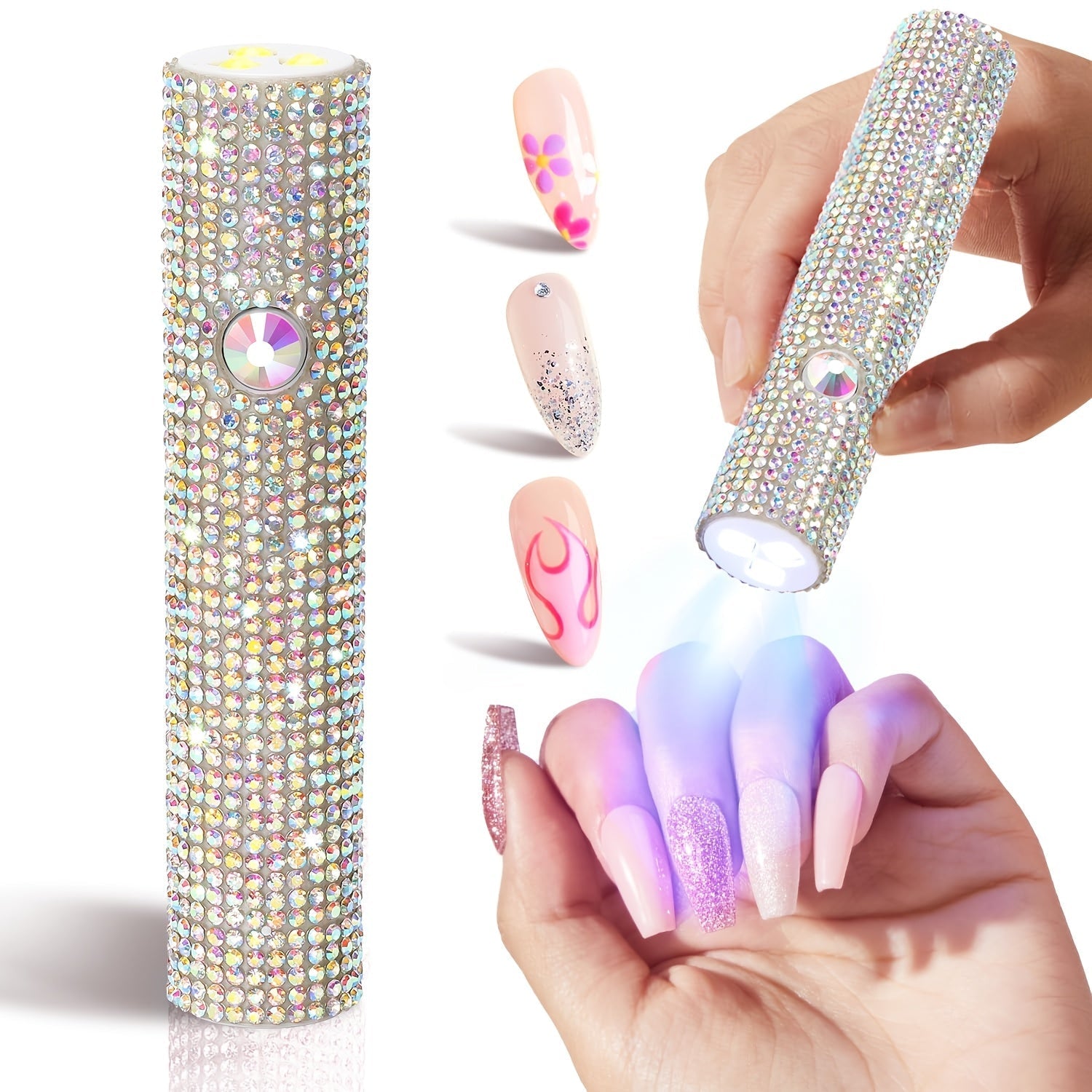 Mini Lámpara Portátil de Secado de Uñas con LED UV - Recargable por USB, Luz para Curar Esmalte en Gel y Pegamento Adhesivo de Secado Rápido con Diseño de Estrás Brillante para Manicura y Pedicura