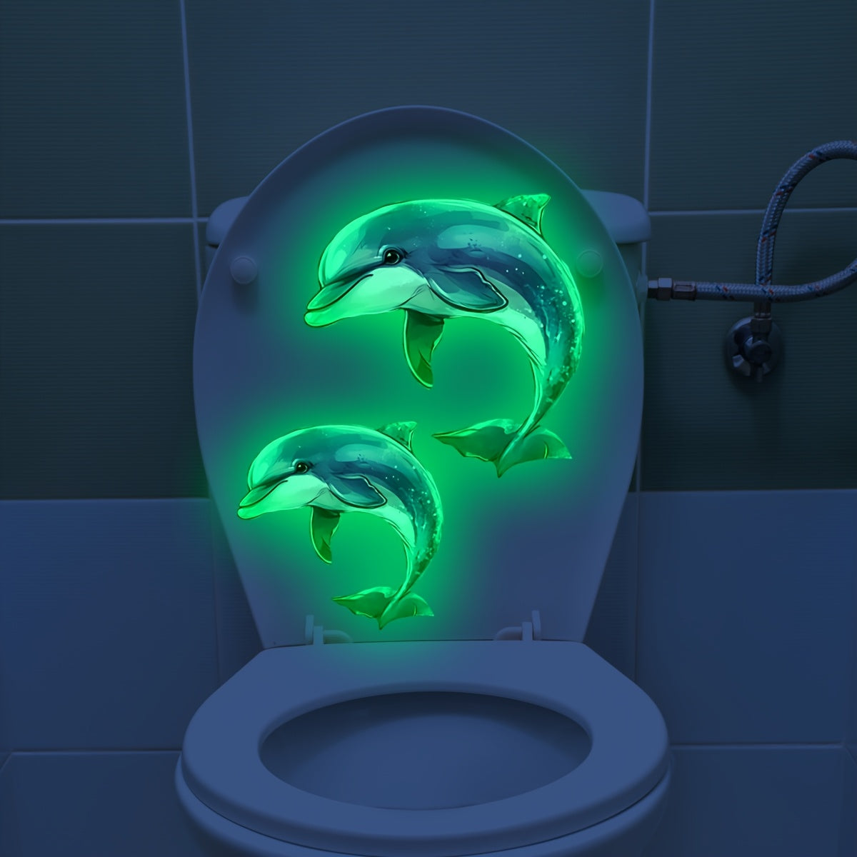 1pieza Luminous Dolphin Toilet Decal, PVC Autoadhesivo, 20x30cm, Decoración de Baño que Brilla en la Oscuridad, Luz Nocturna Reutilizable, con Cubierta de Inodoro Decorativa para el Hogar, Baño, Dormitorio