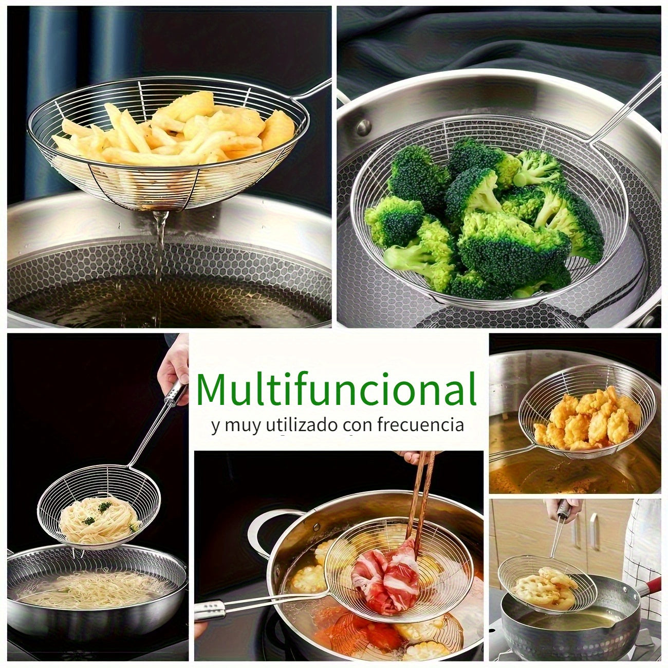 3 Piezas de Espumadera de Acero Inoxidable con Mango, Cuchara Ranurada Multiusos para Freír y Cocinar, Filtro de Aceite para Air Fryer, Accesorio para Fríjidor