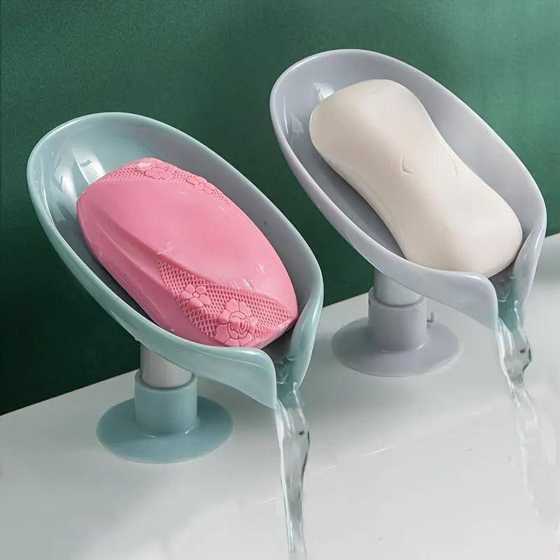 Plato de jabón con diseño de hojas de secado rápido con ventosa - Sin taladro, fácil instalación, sin acumulación de agua, soporte de jabón de plástico duradero para baño y cocina, soporte de jabón de ducha