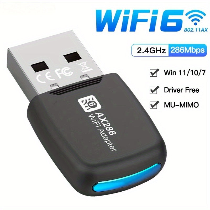 Adaptador inalámbrico WiFi6 USB 286Mbps, adecuado para computadoras de escritorio y portátiles, penetración fuerte de 2,4 GHz, rango de transmisión más largo, solo para Windows/7/10/11, plug and play, no se requiere controlador.