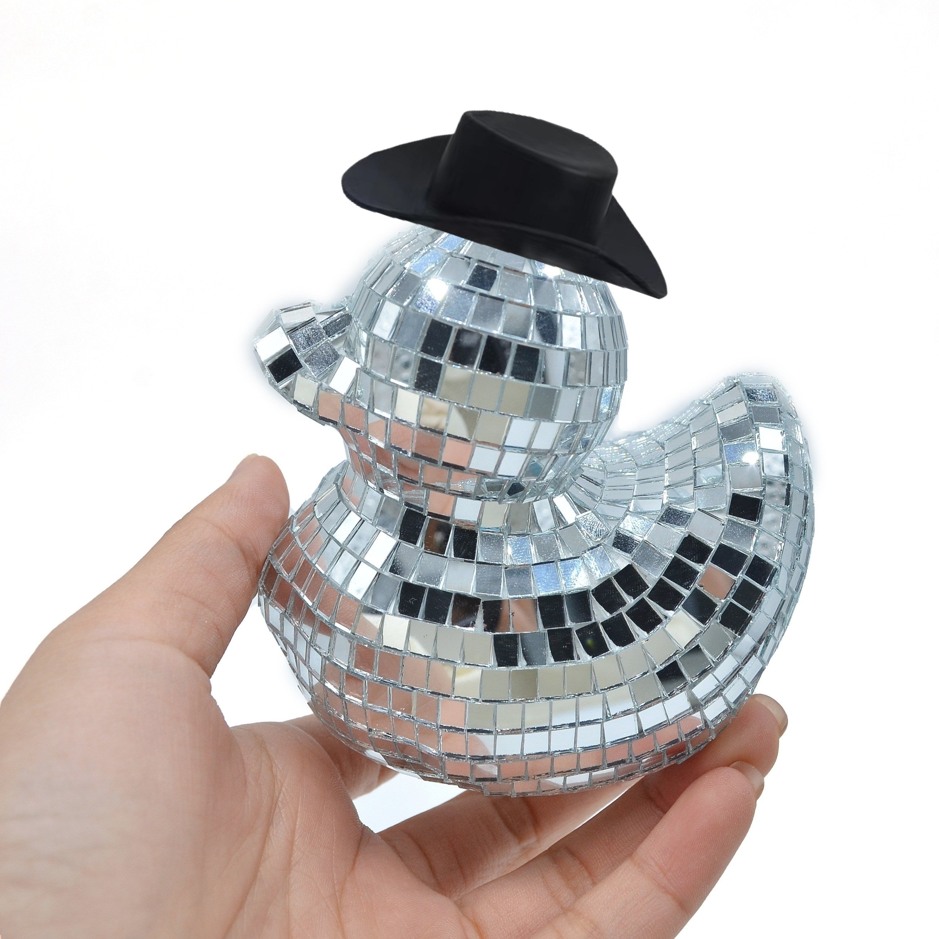 Pato con espejo de disco y sombrero de copa negro - Adorno de vidrio reflectante para fiestas, decoración del hogar y cafeterías, no necesita energía, decoración de disco reflectante | Pato decorativo | Superficie reflectante, decoraciones de bolas de di