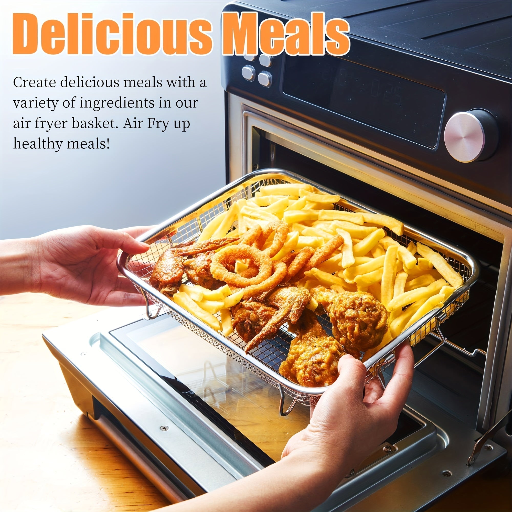 Cesta de freidora de acero inoxidable, con revestimiento antiadherente, accesorio de freidora multiusos, con asa desmontable, para patatas fritas, aperitivos y drenaje de alimentos