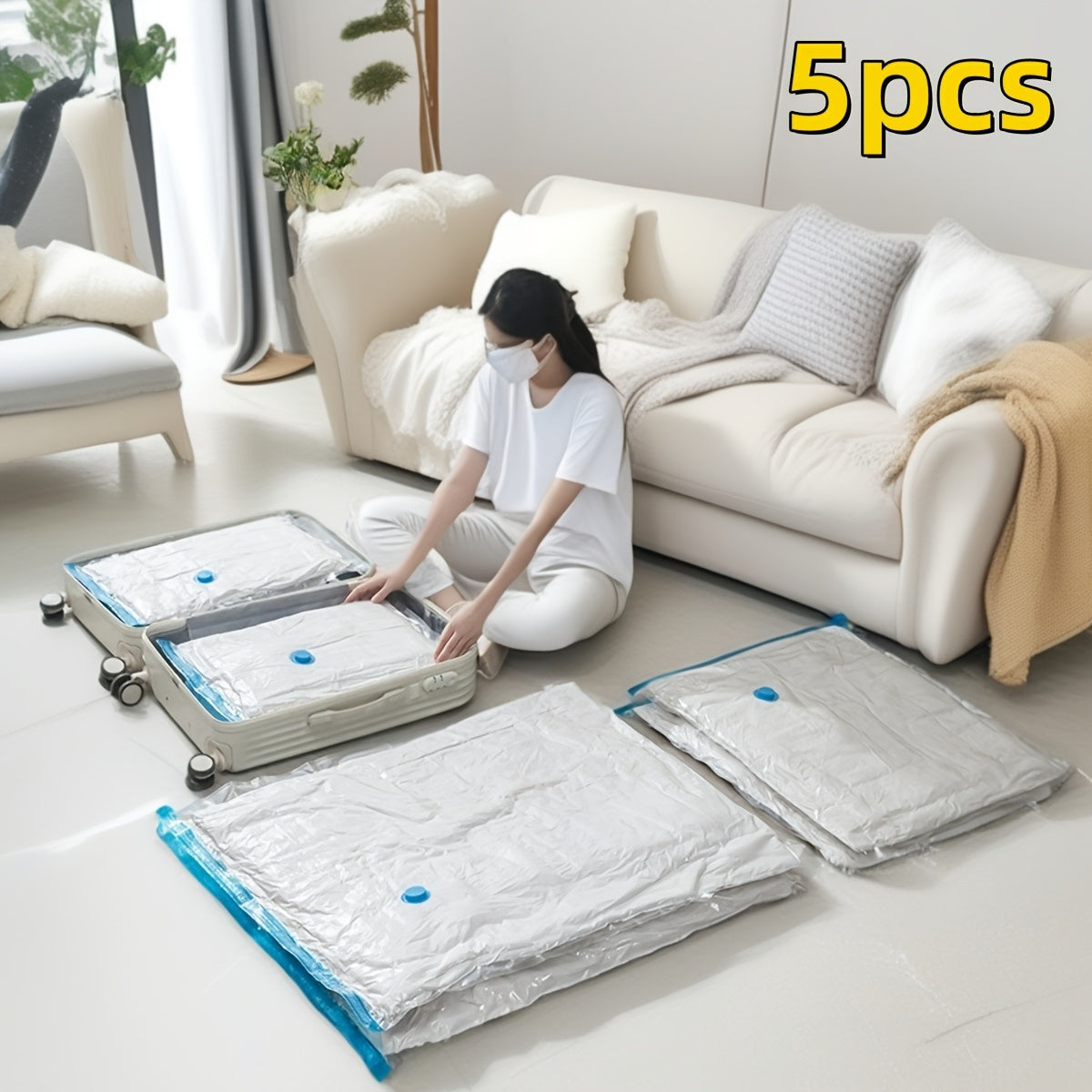 5 paquetes de bolsas de almacenamiento de compresión al vacío duraderas con cierre de cremallera - Ahorro de espacio para ropa, almohadas, edredones, mantas y ropa de cama - A prueba de fugas, multiusos, plástico engrosado, forma rectangular