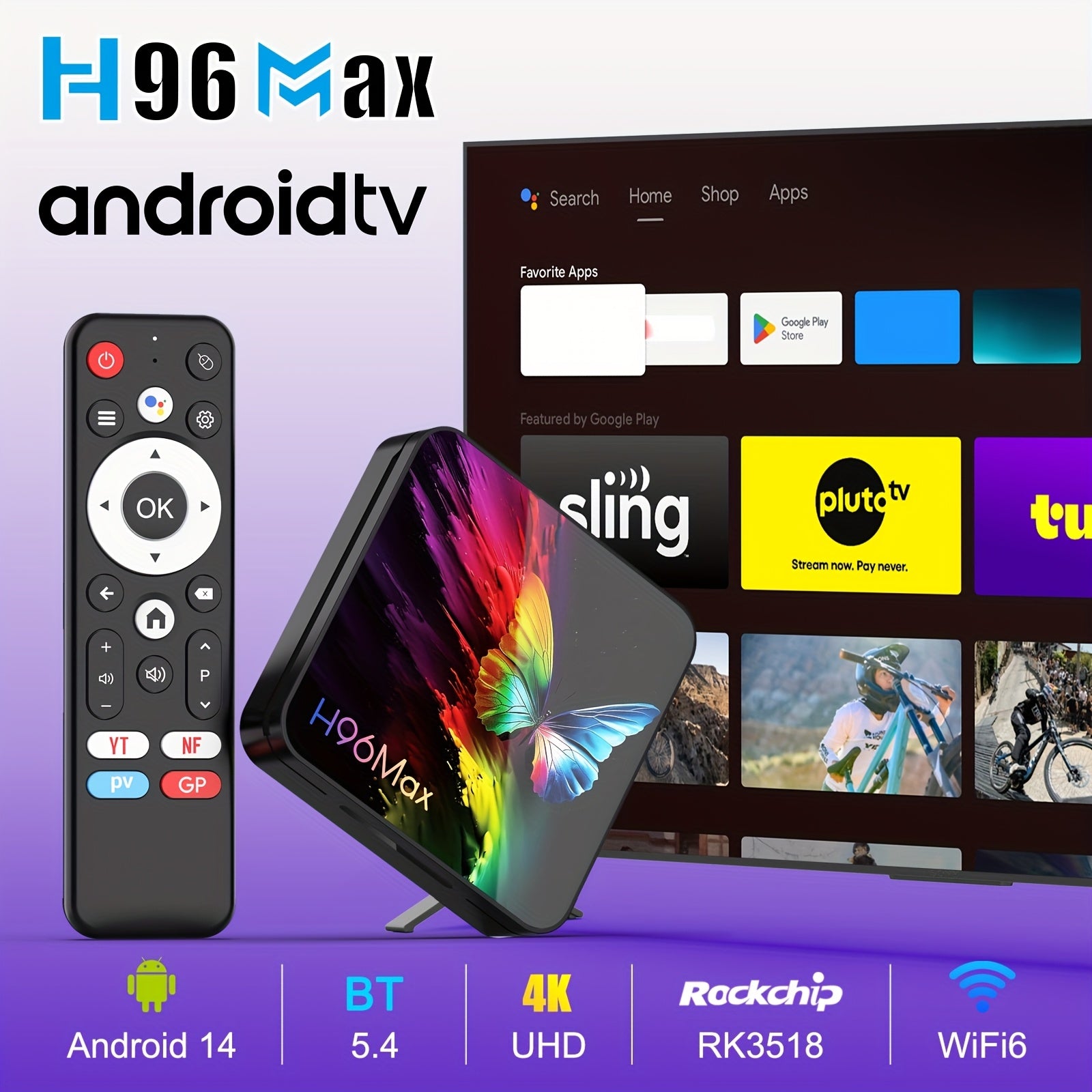 H96 MAX RK3518, caja de TV inteligente con Android 14.0, 4K@60Hz, WiFi 6 y BT 5.4, HDR10, Google Voice, Chromecast, navegador, puertos USB y Ethernet, enchufe de 110-220V, diseño compacto para cine en casa, transmisión de medios, reproductor de medios mo