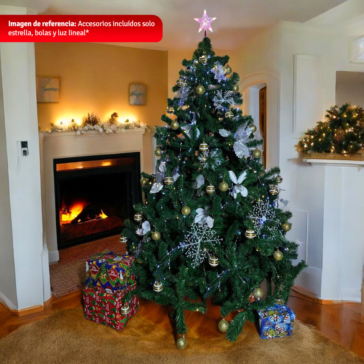 Árbol Navidad Singapur Tupido 2.10m 1.060 Ramas + Estrella + Luces + Bolas De Regalo SIN210
