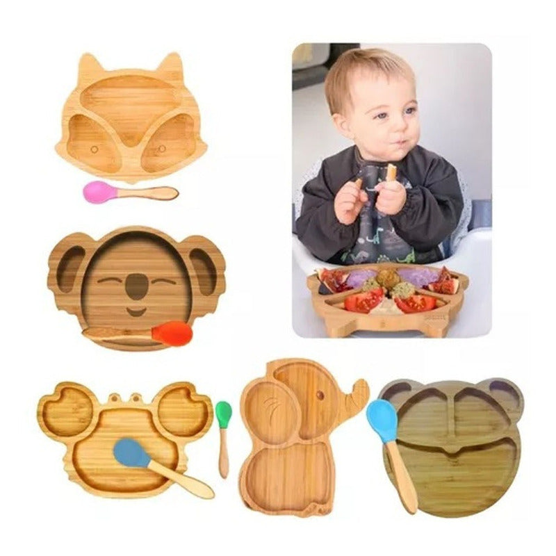 Plato Bambu Antideslizante Con Cuchara Bebés Zorro