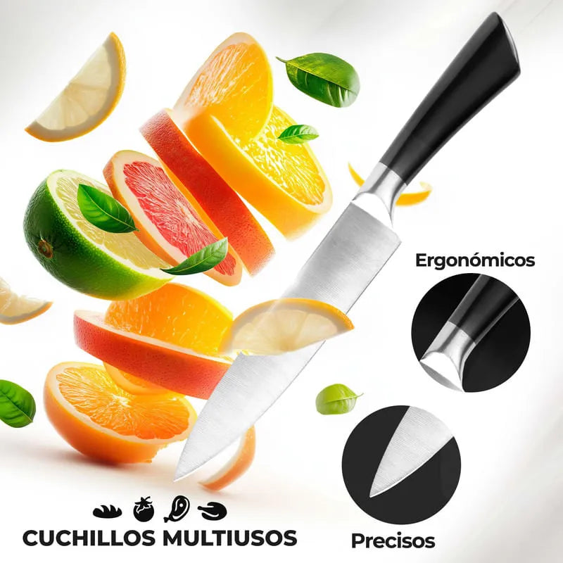 Set de cuchillos de cocina 8 piezas con soporte giratorio hojas de acero inoxidable y mangos ergonómicos color negro Chef Master 807602