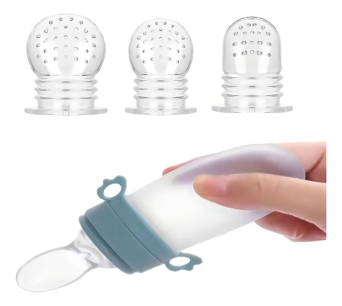 Tetero Biberón Azul Dispensador Alimentos Bebés 40 Ml Uso Azul Chupo 3 Tamaño Alimento + CAyuda Habilidades Control Sin Bpa Libre Bps Sin Ftalatos Silicona Grado Alimenticio Versátiluchara Dispensar