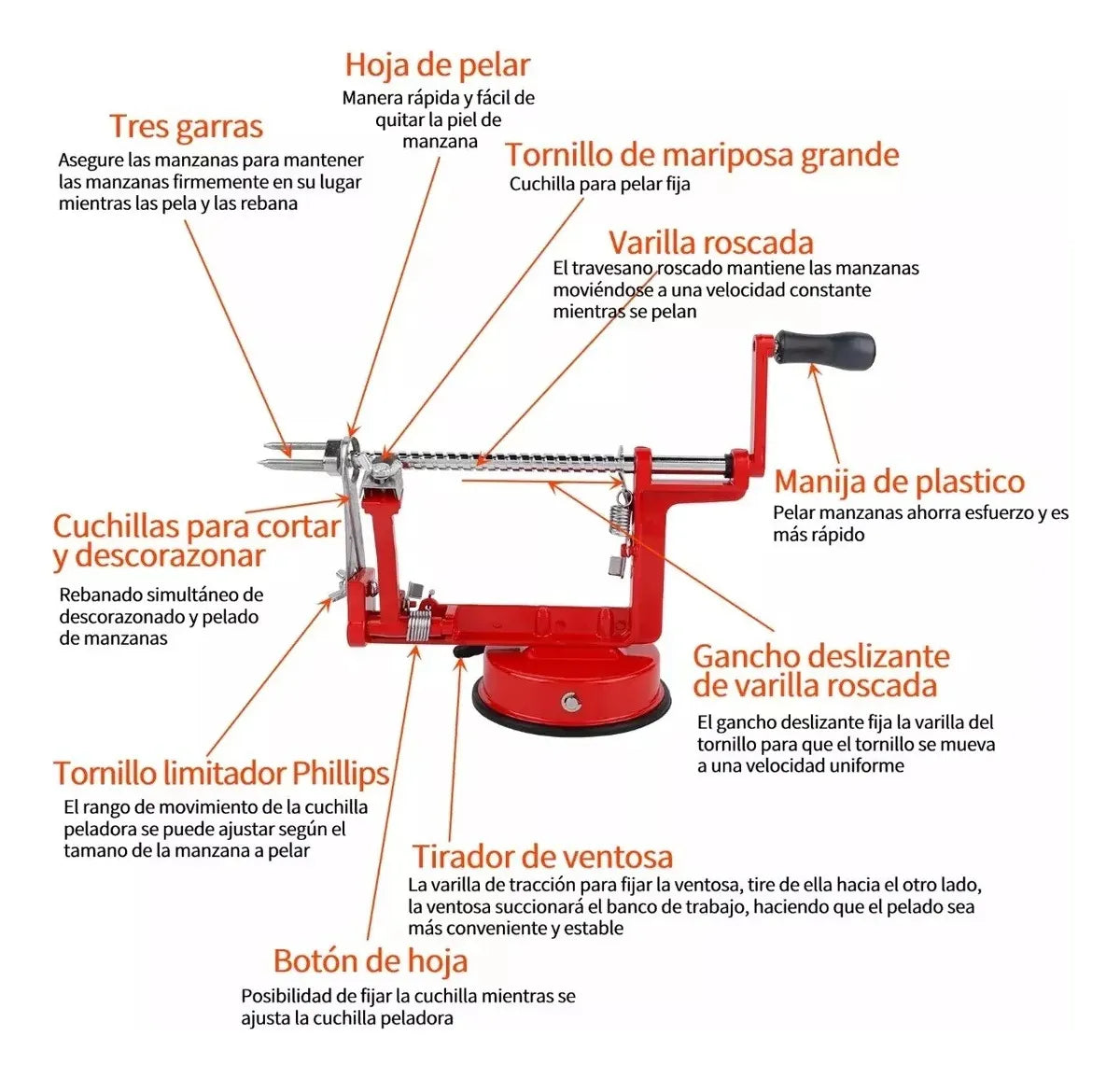 Pelador De Manzanas Y Verdura 3 En 1 Cortador Espiral Manual Rojo