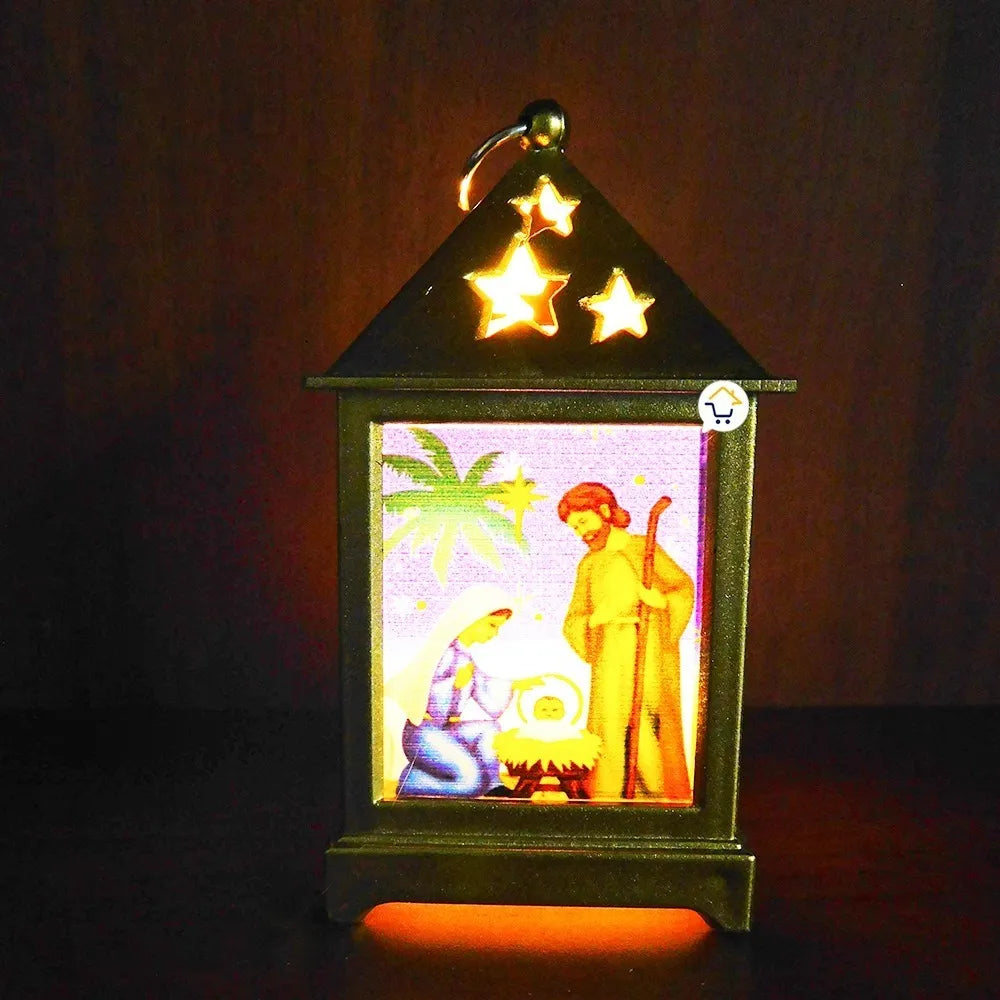 Pesebre Farol Cuadrado Vela Navideño Dorado Luz Led Zf045d