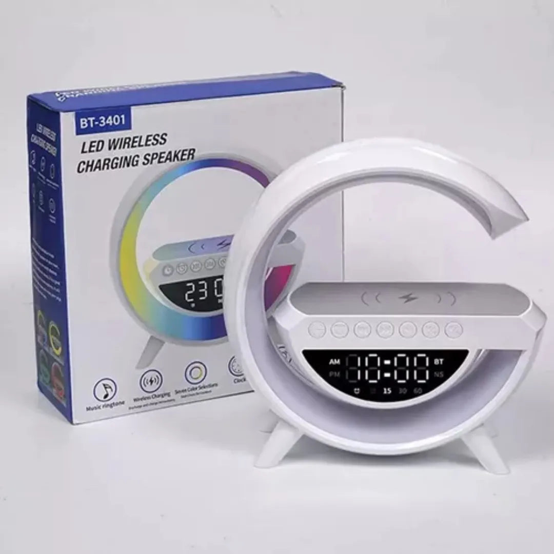 Lampara Parlante Con Bt Cargador Inalámbrico Y Reloj