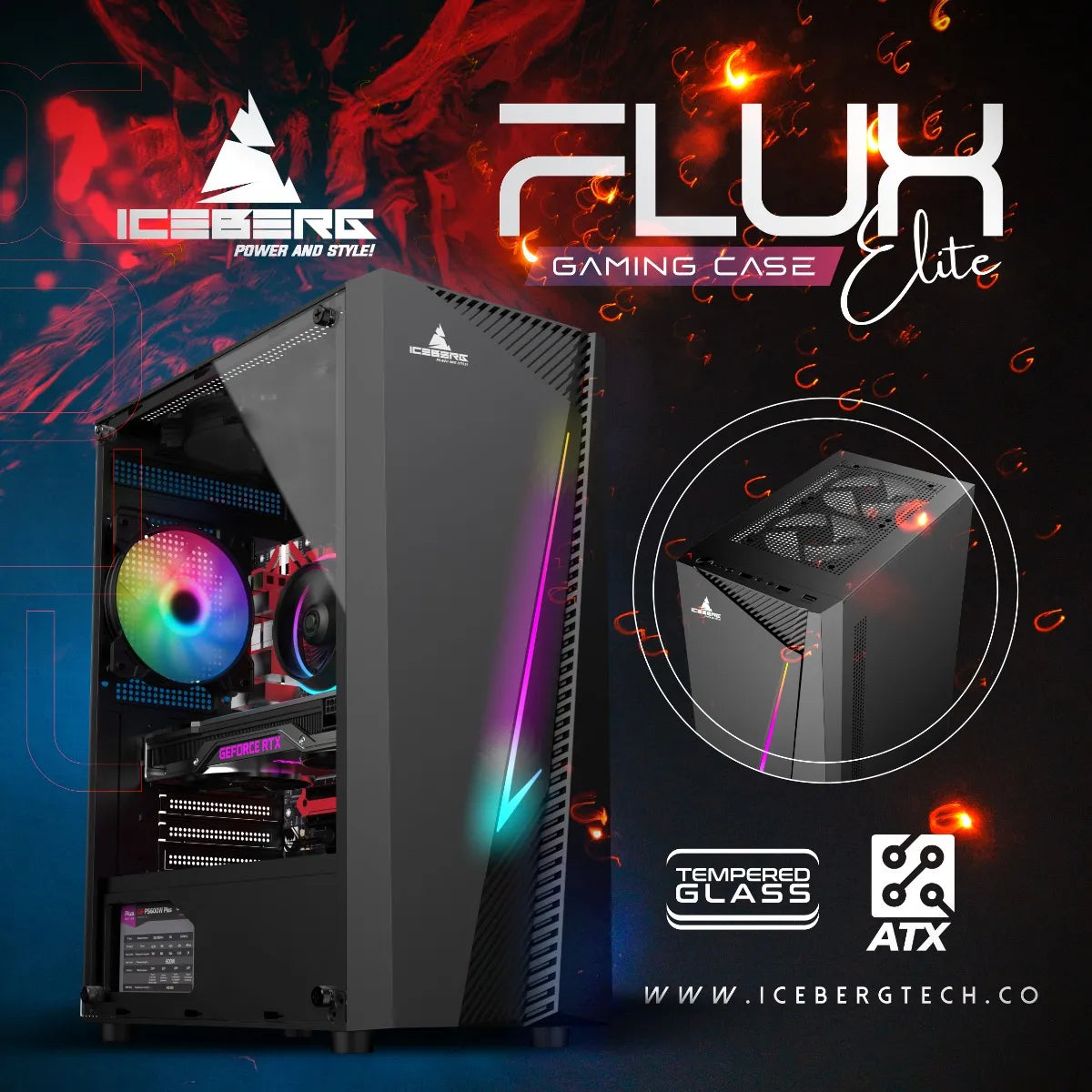 Chasis Gabinete Caja Gamer Iceberg Flux Elite + 1 Ventilador Negro