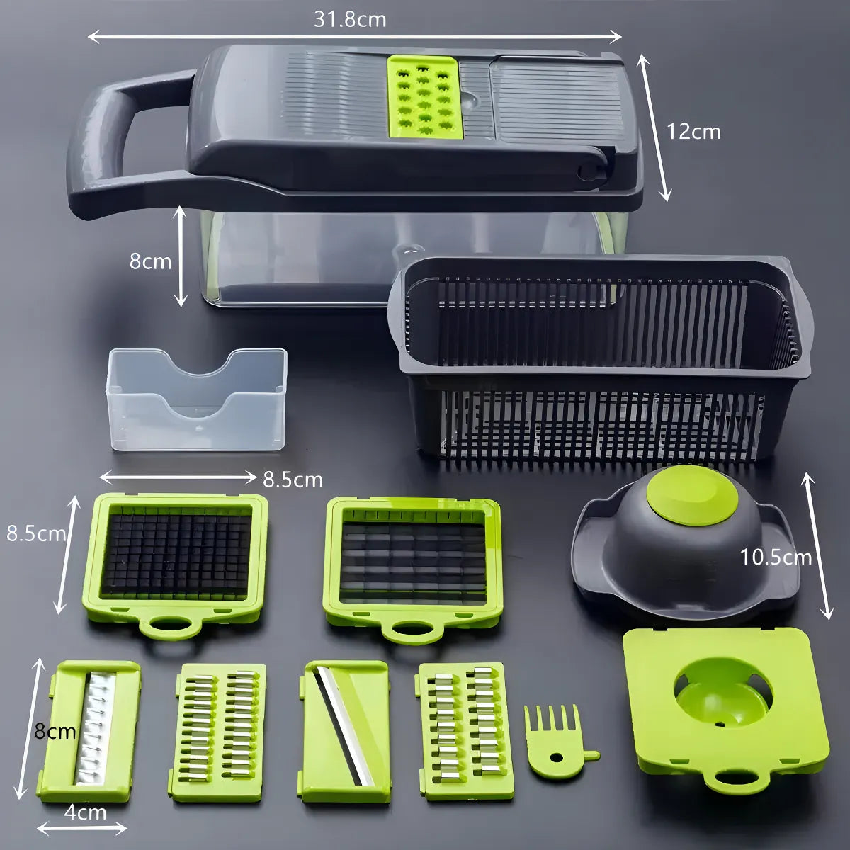 Cortador y rallador de verduras GIB Cleaningtool con mandolina, 12 en 1, con cuchillas, cesta y recipiente intercambiables