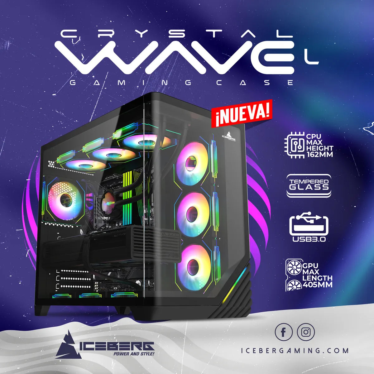 Gabinete Gamer Iceberg Crystal Wave L 7 Fans Negro