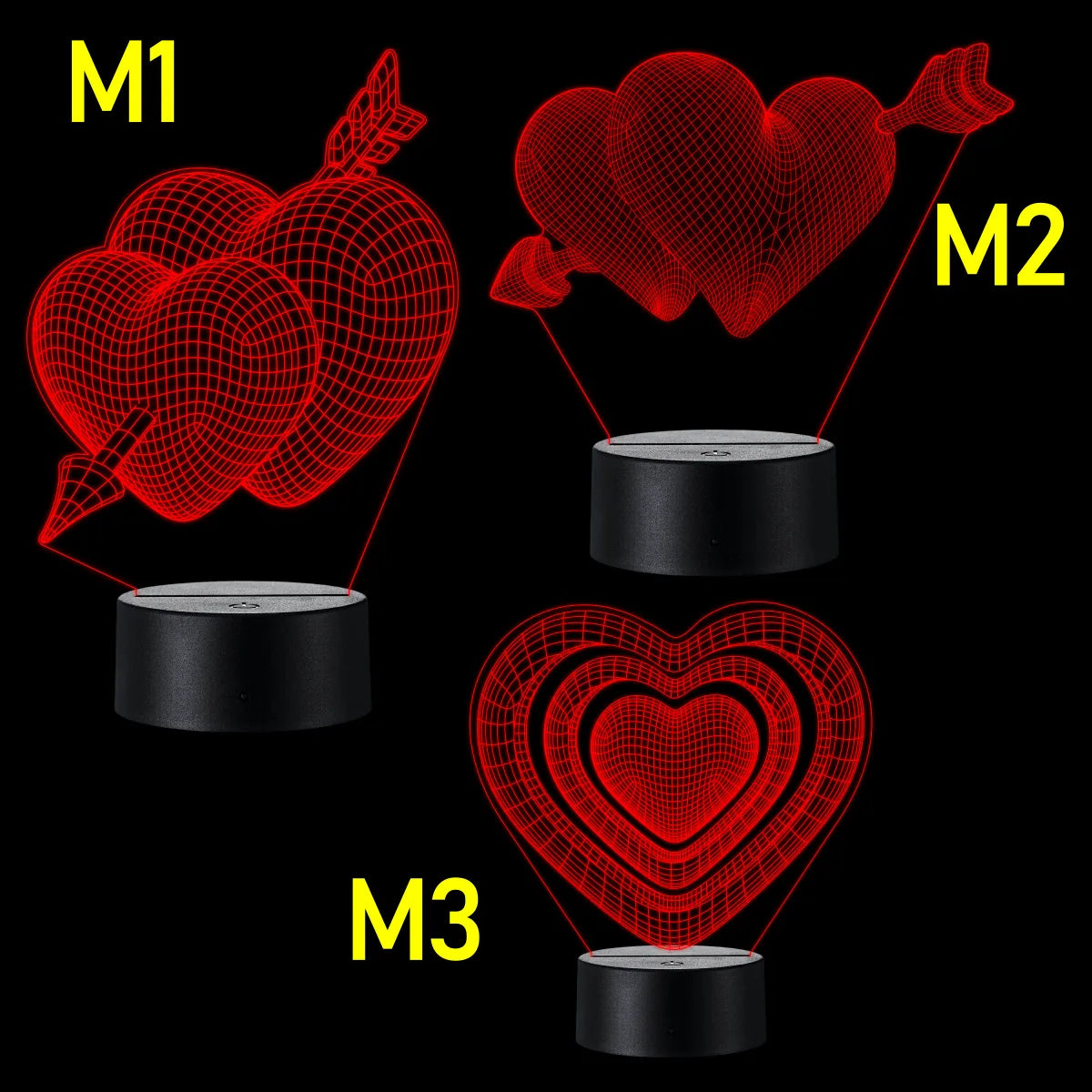 Lámpara De Noche Led 3d Corazones Regalo Pareja Holograma Negro