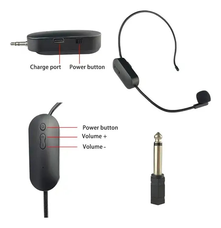 Kit 2 Microfono Inalambrico Vincha Recargable Miniplug +plug Color Negro