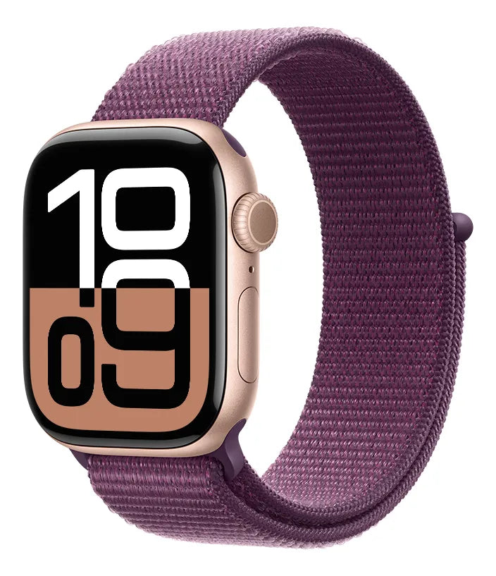 Apple Watch Series 10 GPS • Caja de aluminio color oro rosa de 42 mm • Correa loop deportiva color ciruela