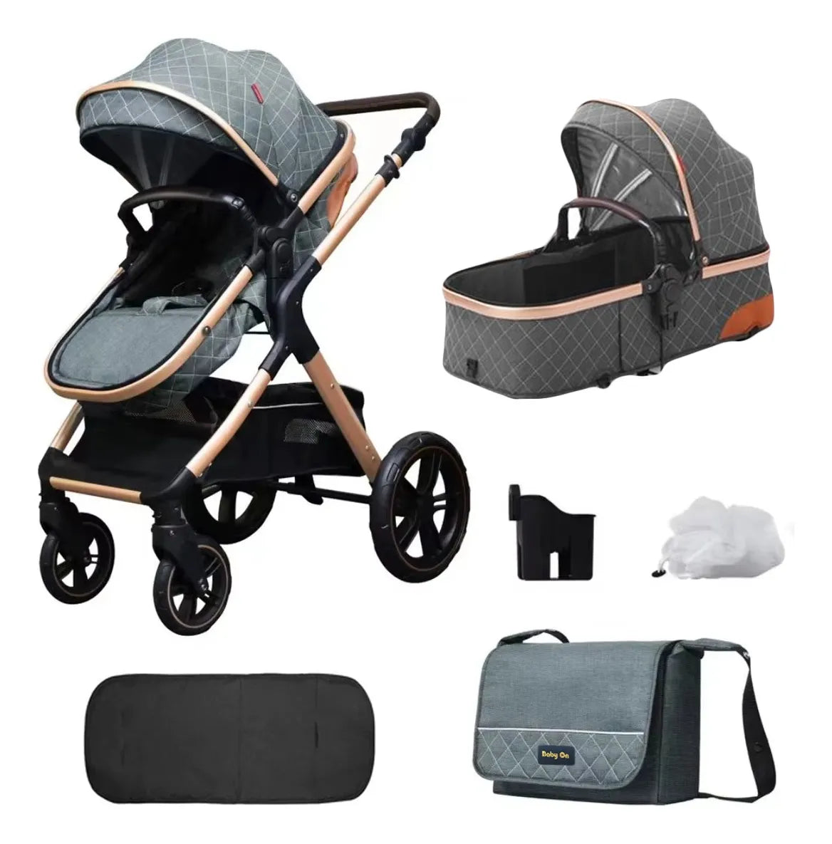 Baby on Coche Bebé Tipo Moises Paragüitas 3 en 1 en Aluminio y Accesorios Color Gris