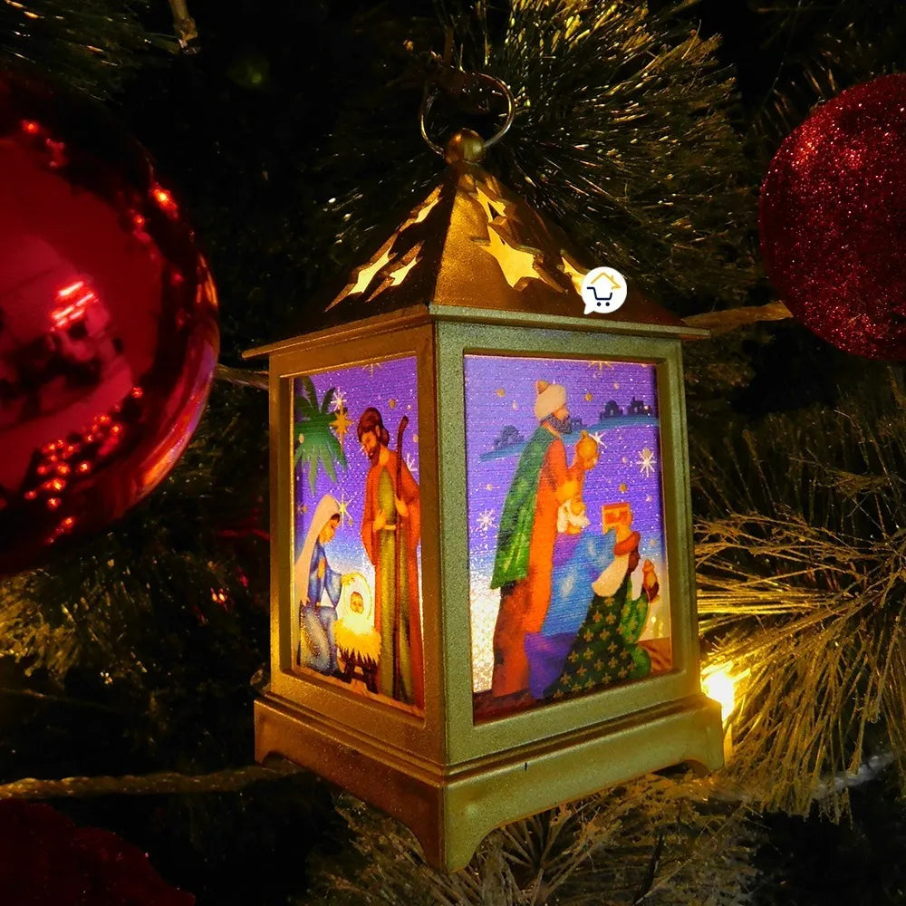 Pesebre Farol Cuadrado Vela Navideño Dorado Luz Led Zf045d