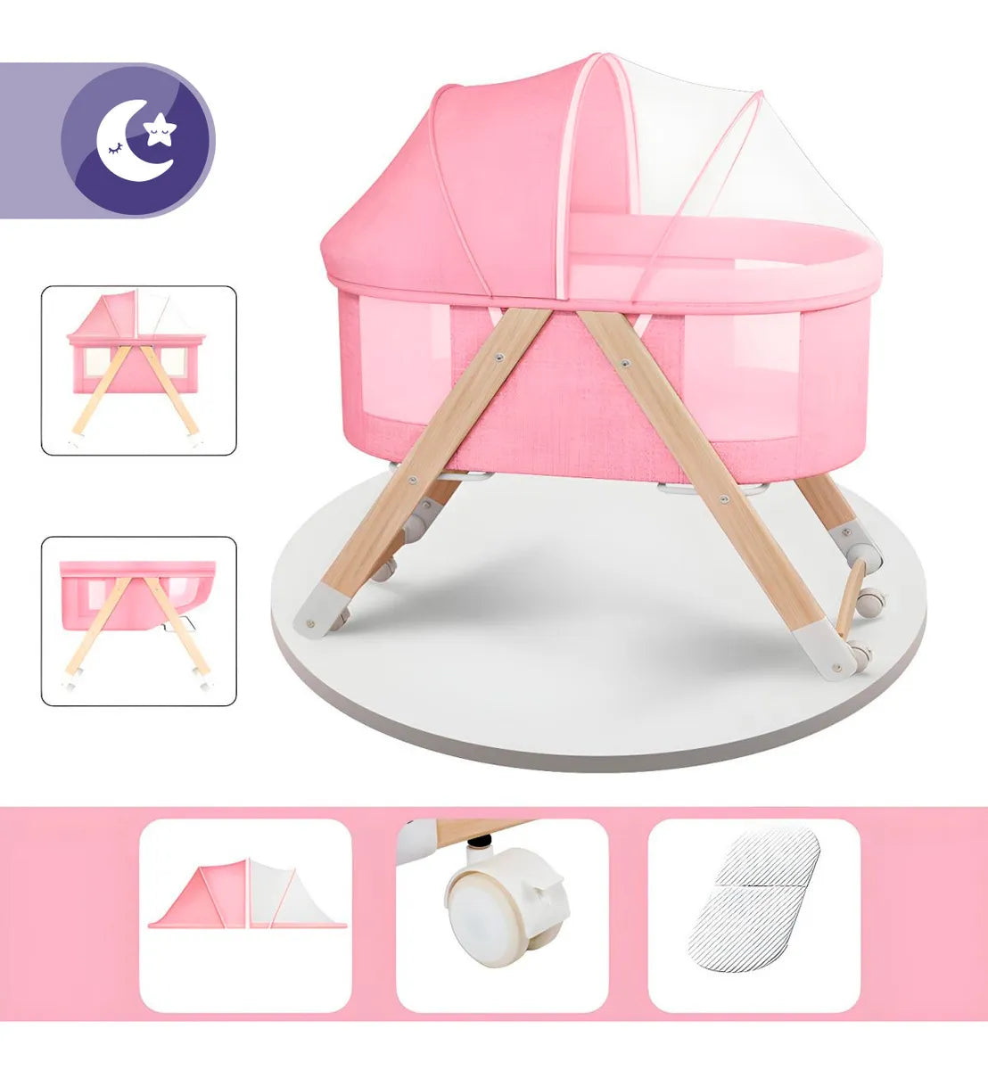 Cuna Corral Bebé Portátil Plegable Mosquitero Y Organizador Color Rosa Pálido Diseño De La Tela Liso