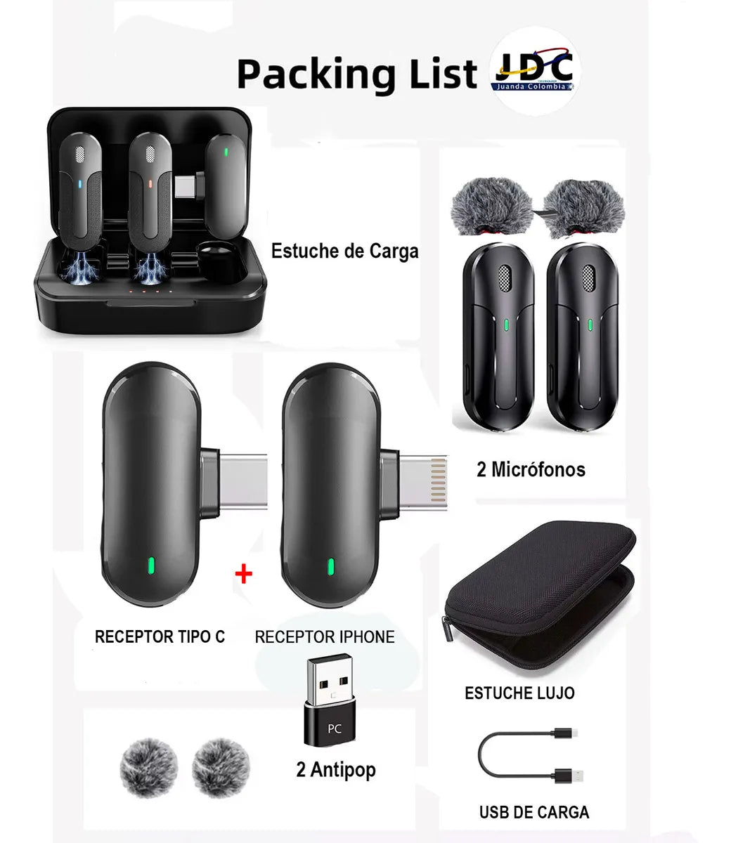 Micrófono Inalambrico De Solapa Tipo C Iphone Y PC Con Estuche De Carga Doble Receptor y Cancelación de Ruido y Antipop Vimai M8C-2 Negro