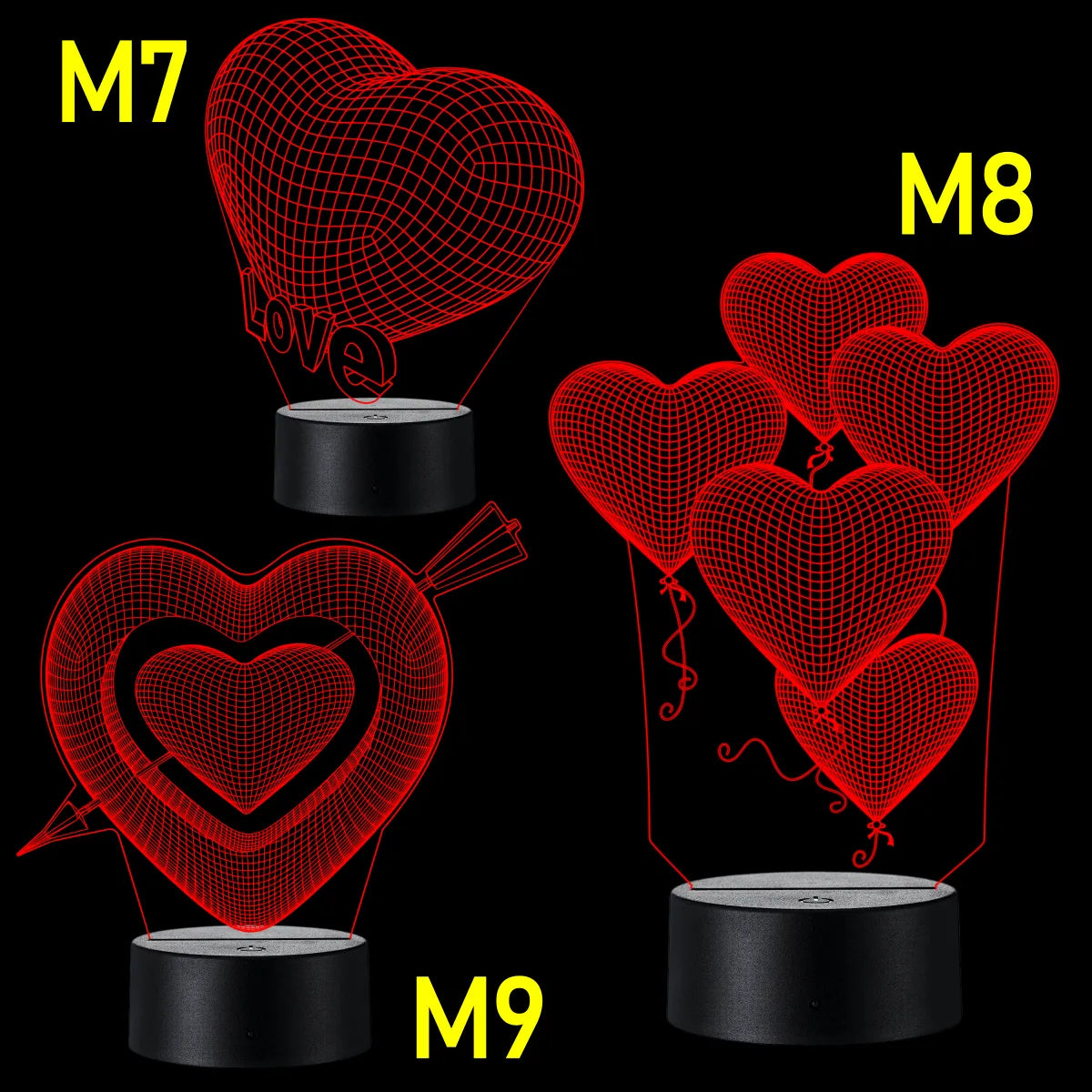 Lámpara De Noche Led 3d Corazones Regalo Pareja Holograma Negro