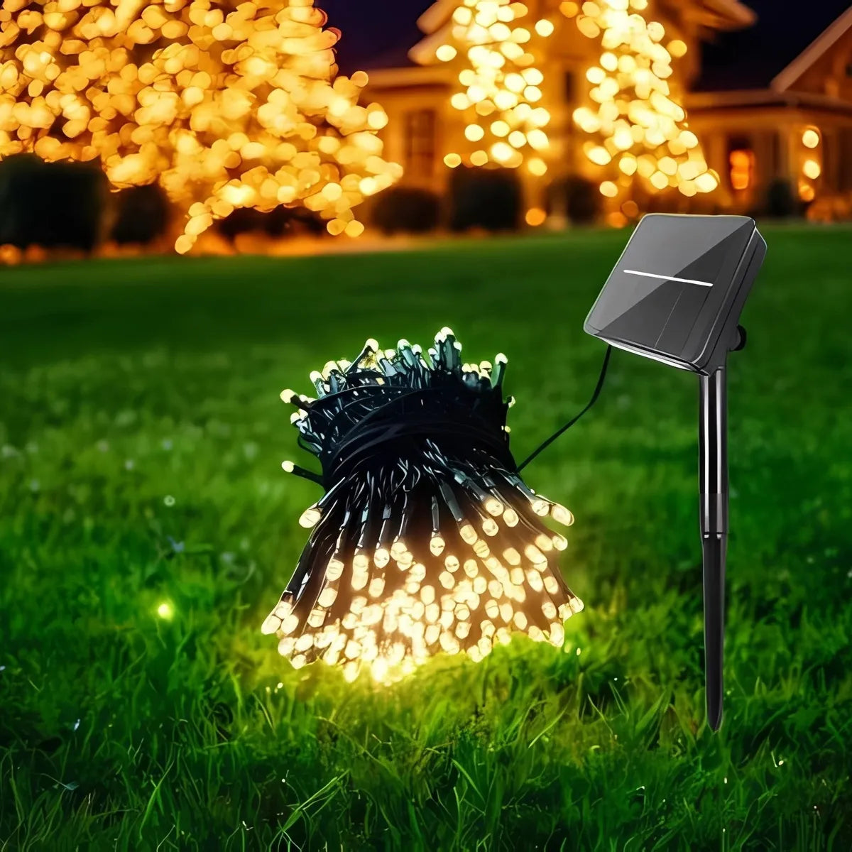 Luz Navideña Solar 100 Led 12mt Recargable Cálida Secuencias Cálido