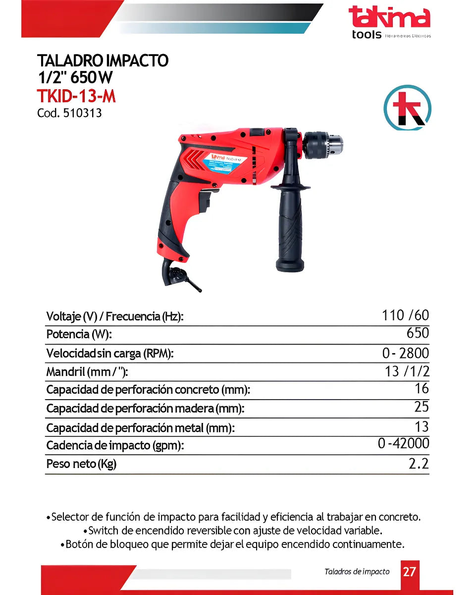 Taladro Impacto 1/2 Pulgada 650 W Takima Color Rojo Frecuencia 60 Hz
