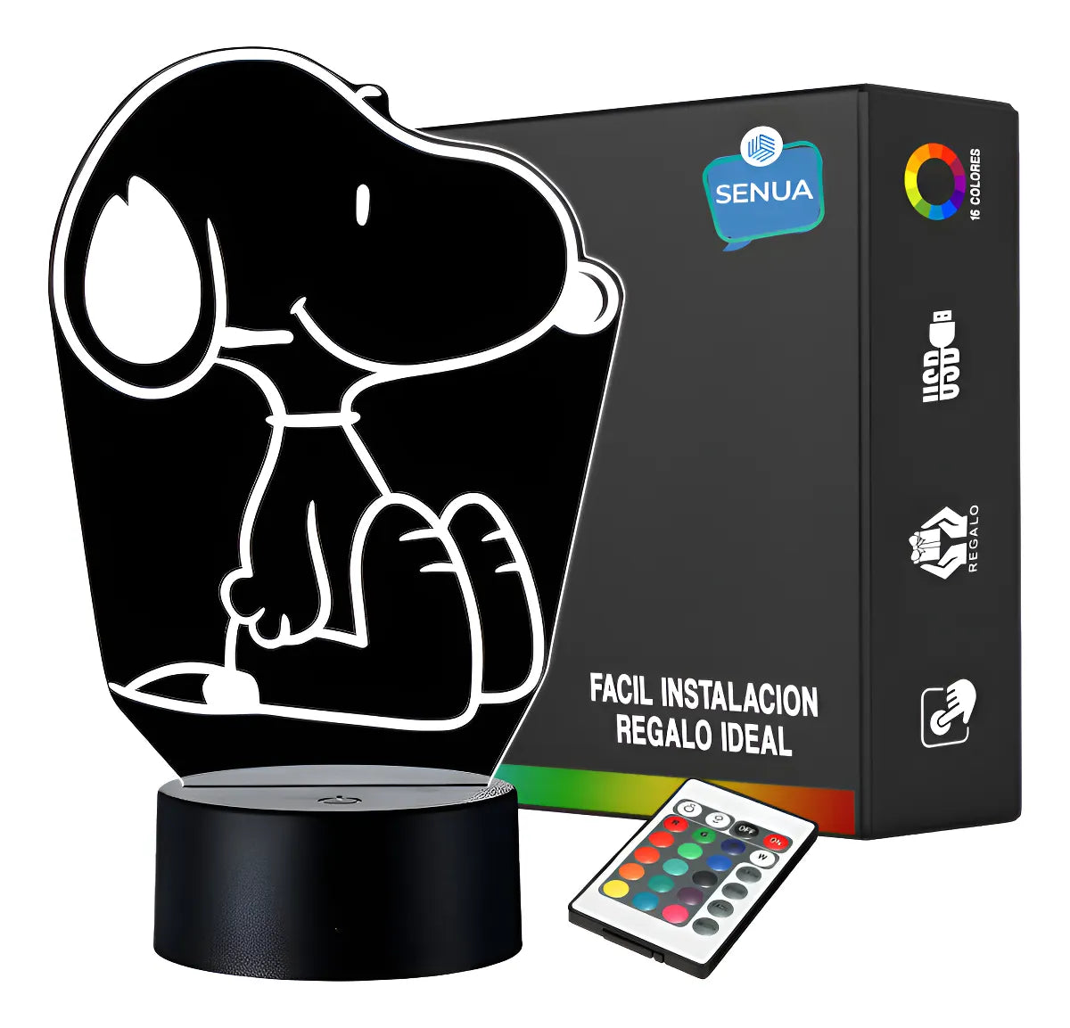 Lámpara De Noche Led 3d Snoopy Holograma Regalo Decoración Negra