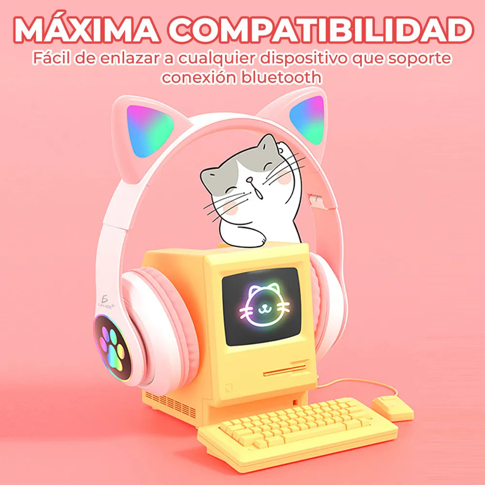 Diadema Gato Auriculares Bluetooth Colorido Led Luminoso