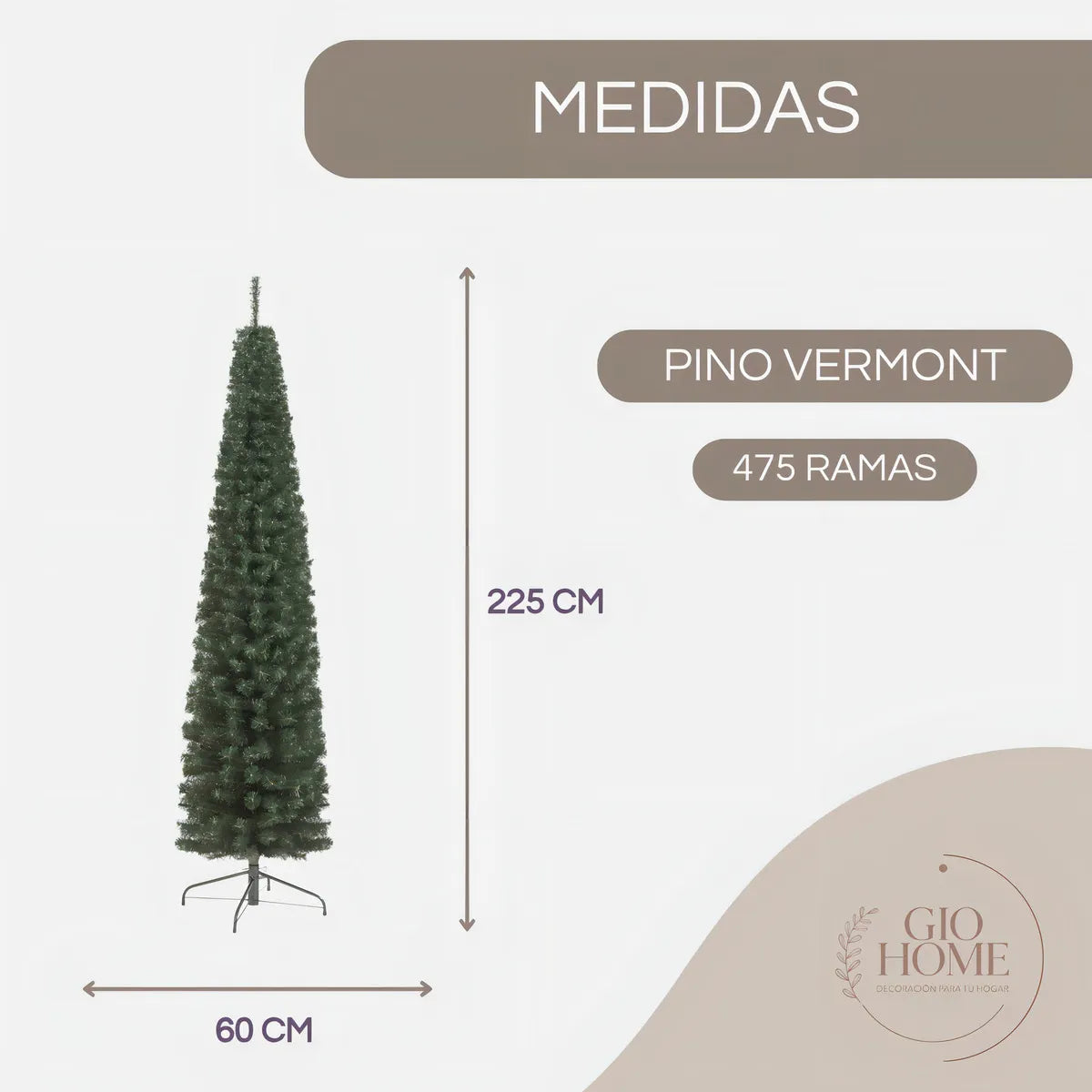 Arbol de Navidad Vermont 2.25m 475 Puntas Gio Home Pino Navideño Look Natural Base Metálica Artificial para Decoración con Bolas Adornos Extensiones Cintas Bombillos Botas Campanas Luces Estrella Noel