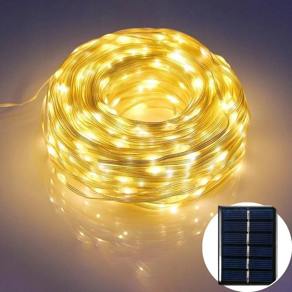 Alambre De Luz Led Navideña Recargable Con Panel Solar 100 Amarillo