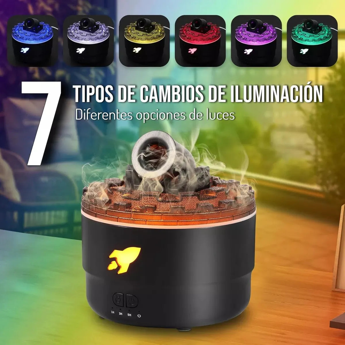 Humificador Difusor De Aromas Olores Cañon Lava Aros Luz Led - Negro