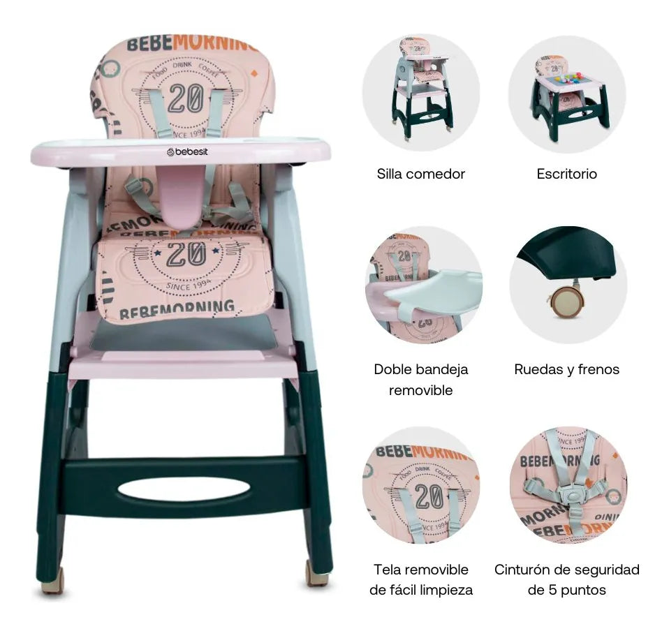 Silla Comedor Bebe 3 En 1 Comedor Escritorio Niña Color Rosa Duo