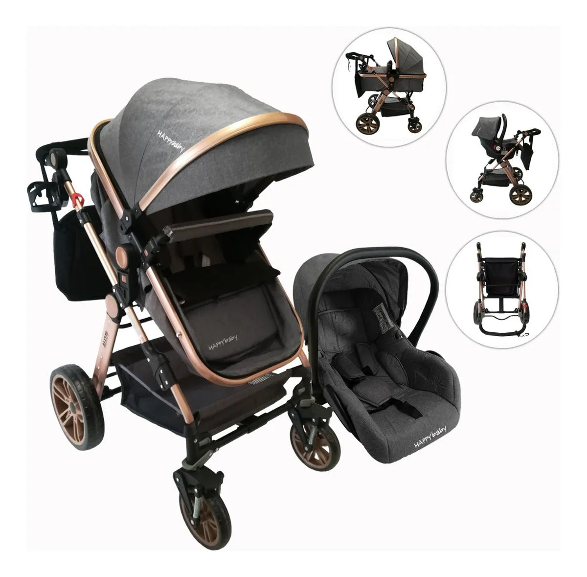 Coche de paseo Happy Baby Alizze travel system gris con chasis color dorado