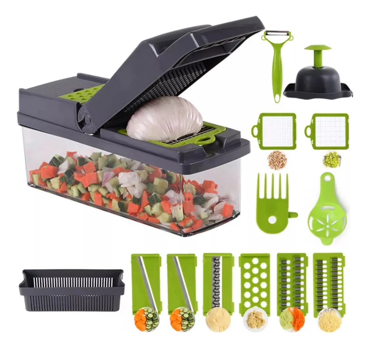 Mandolina Picatodo Multifuncional Para Verduras Y Frutas Color Gris con Verde
